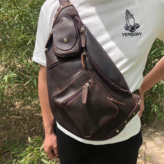 Cool Leather Mens Chest Bag Sling Bag Sling Crossbody Bag Travel Sling