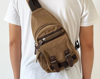 Canvas Retro Men&#39;s Sling Bag, Waterproof Men&#39;s Shoulder Bags, Crossbody Chest Bag, Women Backpack Bag, Unisex Bag for Travel, Gift for Him
