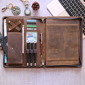 Leather Portfolio for ipad pro 10.5/11 inch, Padfolio for A5 Notepad, Tablet Protective Case a5 Organizer Planner for Men, Gift for Him