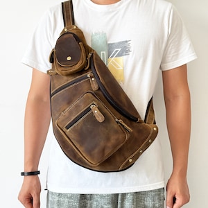 Sac à bandoulière en cuir personnalisé, sac poitrine pour homme, sac à bandoulière vintage, sac de voyage sac à dos sac à dos, sac à dos de vélo avant cadeau
