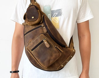 Personalized Leather Sling Bag, Men&#39;s Chest Bag, Vintage Shoulder Bag, Travel Bag Daypack Crossbody Bag, Cycling Front Bag Backpack Gift