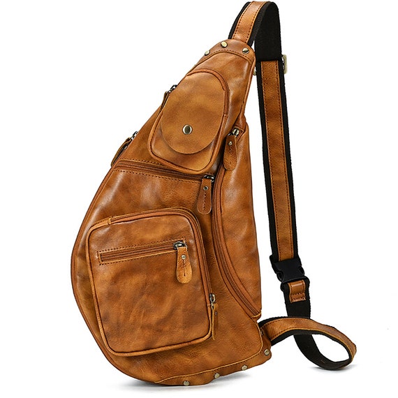 Unisex Leather Chest Bag Large Capacity Sling Bag Mens Leather