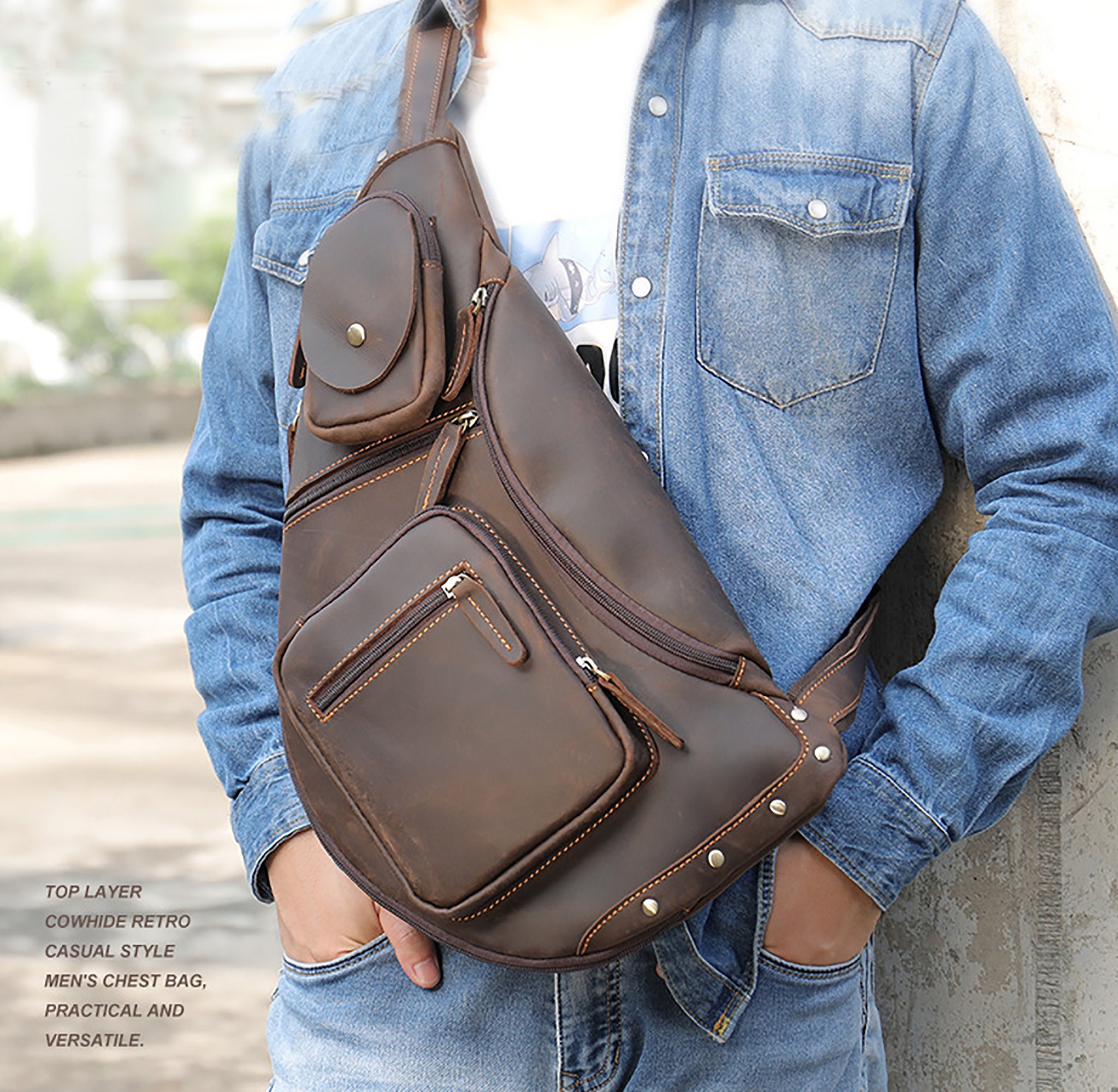 Personalized Leather Sling Bag Men's Chest Bag With 