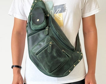 Bolso bandolera de cuero para hombre - Mochila cruzada grande con una sola correa - Mochila de pecho de cuero Crazy Horse - Ajustable, resistente y elegante - México Bolso bandolera de cuero para hombre - Mochila cruzada grande con una sola correa - Mochila de pecho de cuero Crazy Horse - Ajustable, resistente y elegante - México