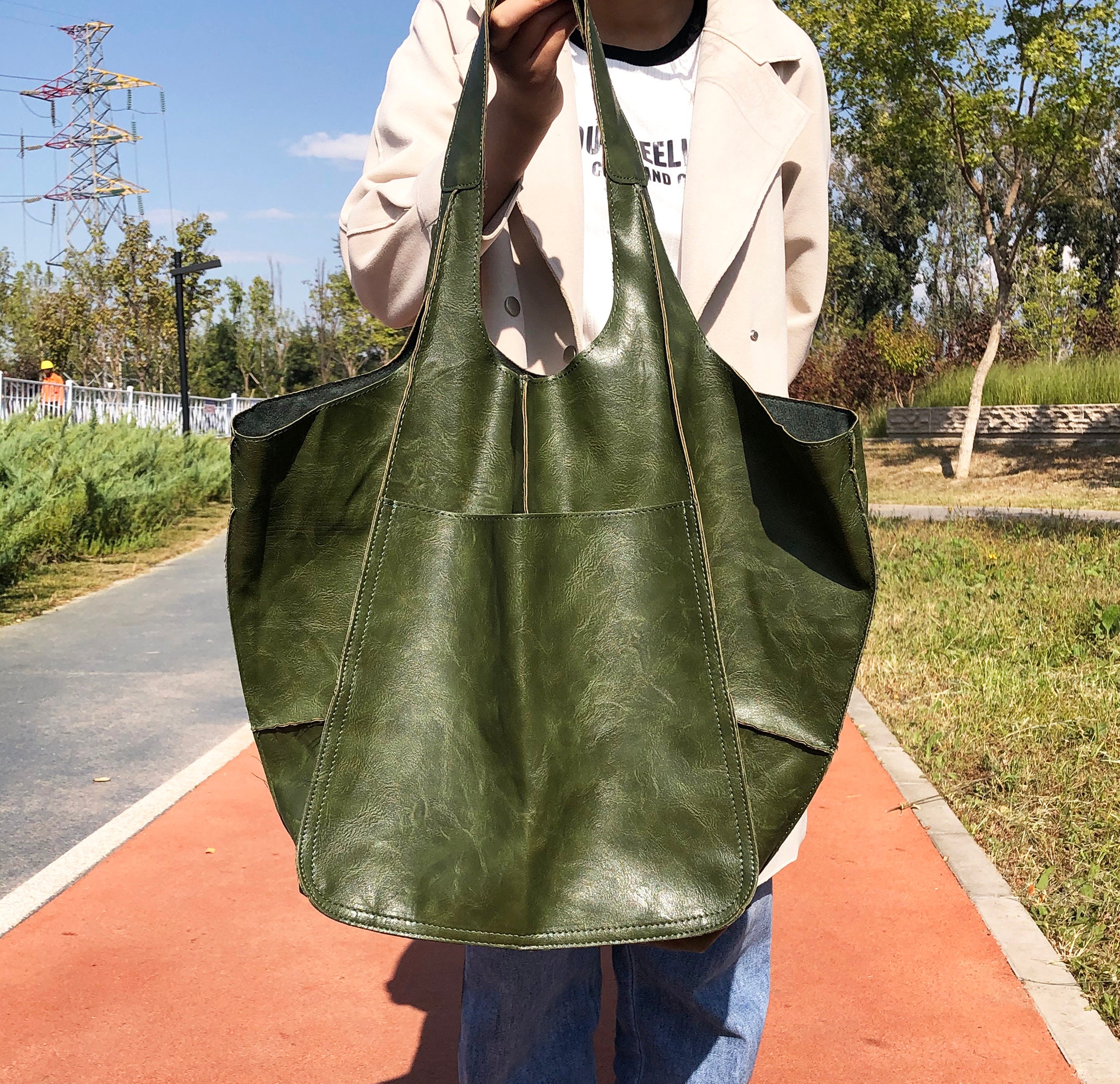 Large TOTE leather bag in moss GREEN . Slouch leather bag. Boho bag. Laptop  bags in suede. Large suede leather bag. GREEN suede bag.