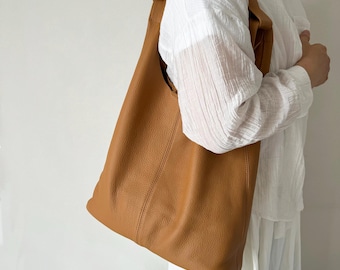 Soft Real Leather Hobo Bag, Slouchy Tote Shoulder Bag, Large Capacity Travel Work Bag