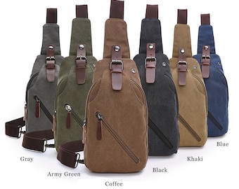 Men's shoulder Canvas Bag Retro Chest Bag with Leather, Crossbody Bag Backpack Bag Unisex Bag for Travel, Waterproof Men's Bags Gift for Him