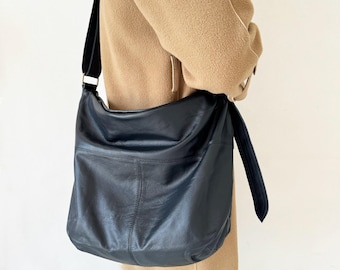 Large Size Leather Hobo Bag, Slouchy Crossbody, Tote Shoulder Sling, Fits 15" Laptop