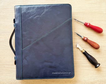 Custom Leather Portfolio with Handle, A4 Letter Size Notepad Holder, Zippered Document Bag