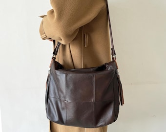Soft Leather Hobo Bag, Slouchy Crossbody, Large Tote Shoulder Handbag Travel Work Bag for Her