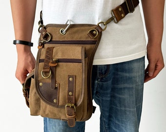 Canvas Waist Bag Outdoor Messenger Tactical Leg Bag Sports Personality Chest Bag, Retro Shoulder Bag Thigh Bag Travel Bag for Father Husband