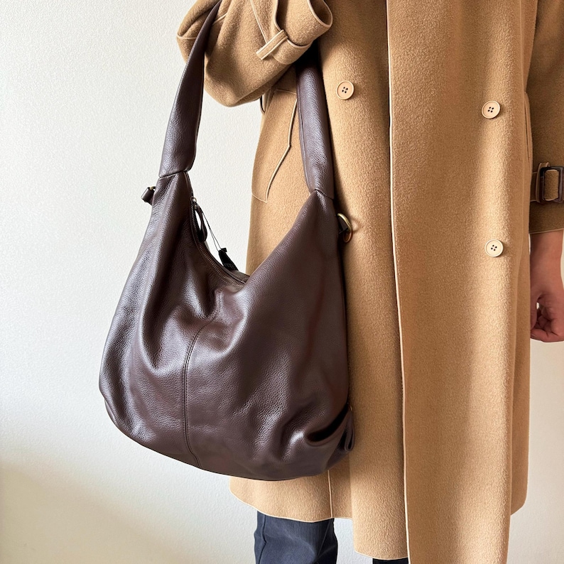 Soft Leather Hobo Bag, Slouchy Crossbody, Large Tote Shoulder Handbag, Fits 15" Laptop image 10