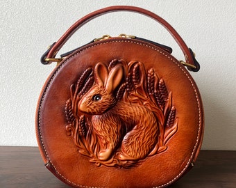 Embossed Rabbit Handbag, Genuine Leather Small Round Bag, Women Crossbody Bag Shoulder Bag, Girl Travel Messenger Bag, Birthday Wedding Gift