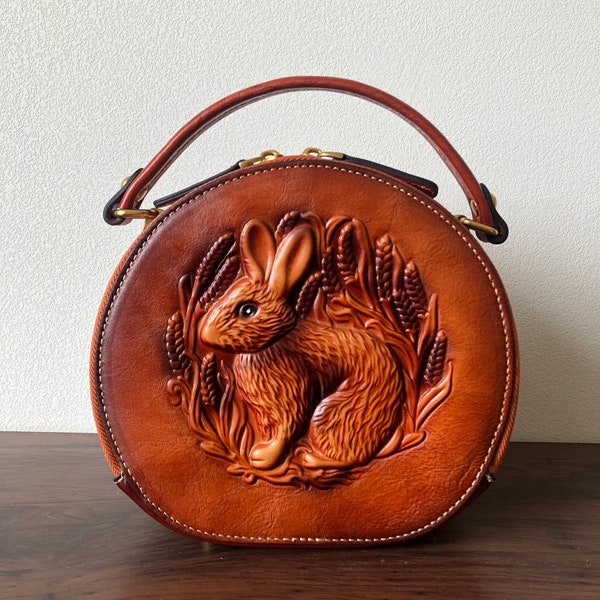 Embossed Rabbit Handbag, Genuine Leather Small Round Bag, Women Crossbody Bag Shoulder Bag, Girl Travel Messenger Bag, Birthday Wedding Gift