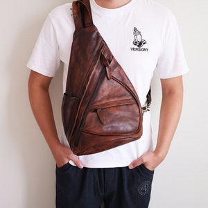 Sac à bandoulière en cuir fait main, sac à dos rétro en cuir de vachette pour homme, sac poitrine, sac bandoulière pour homme, cadeau pour père