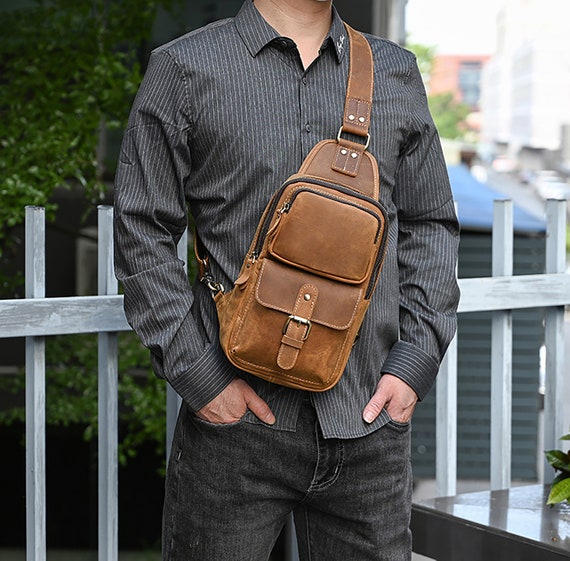 Mens Leather Sling Bag Crossbody Chest Bag Shoulder Bag Backpack