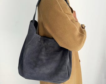 Women's Suede Leather Hobo Bag, Large Slouchy Shoulder Tote Handbag, fit 14" laptop