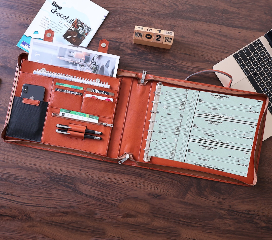 Custom 7 Ring Check Binder Portfolio With Handle, Vegan Leather Binder