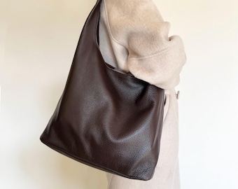 Soft Leather Hobo Bag, Slouchy Shoulder Tote, Lined Handbag