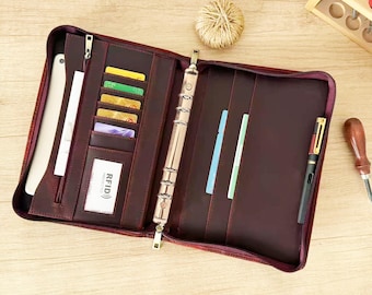 Custom A5 Leather Portfolio 6 Ring Binder,  Zipper Journal Engraved Planner, Refillable Notebook Cowhide Cover