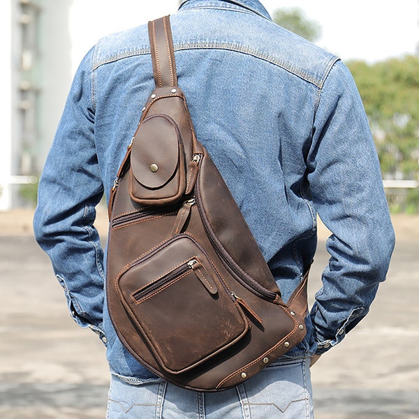 Personalized Genuine Leather Sling Bag, Men's Chest Bag, Vintage Shoulder Bag, Travel Bag Daypack Crossbody Bag, Cycling Front Bag Backpack