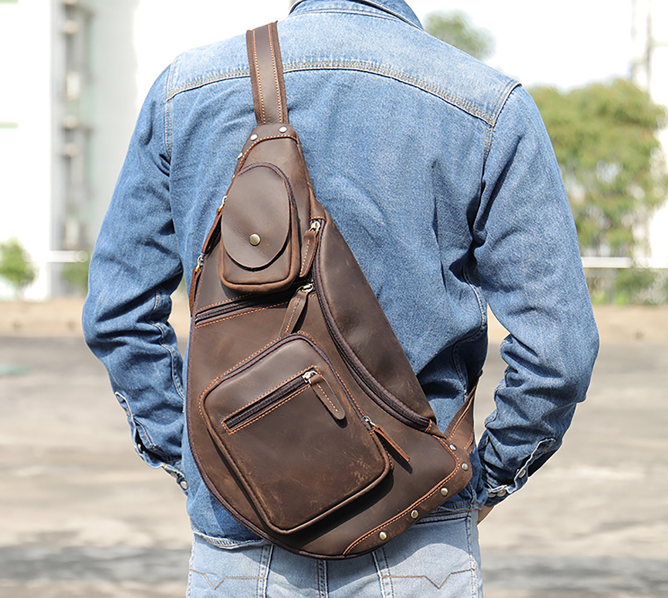 Men's Green Leather One Shoulder Backpack