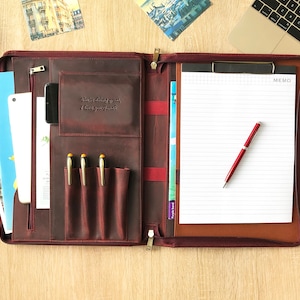 Custom Leather Portfolio Letter Size Organizer Folders, Zippered Portfolio with Clipboard, Padfolio Men A4 Holder Document Bag, Gift for Him