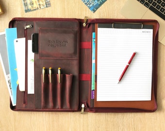 Carpeta organizadora de tamaño carta de cuero personalizada, carpeta con cremallera y portapapeles, portadocumentos Padfolio para hombre tamaño A4, regalo para él