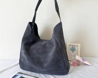 Women's Suede Leather Hobo Bag, Large Slouchy Shoulder Tote Handbag, fit 14" laptop