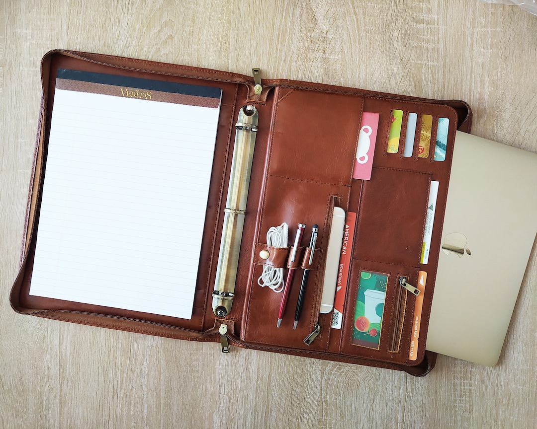 Left Handed Leather Portfolio, Zippered Padfolio 3 Ring Binder Planner