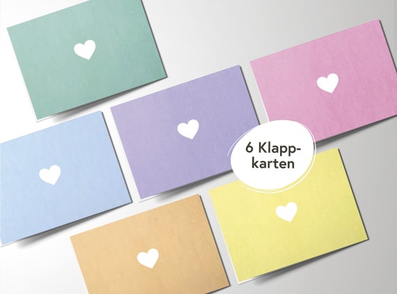 6 pastel folding cards with heart I Various colors I Premium card set for birthdays, invitations, greetings, thank you notes I hejjo, Ove