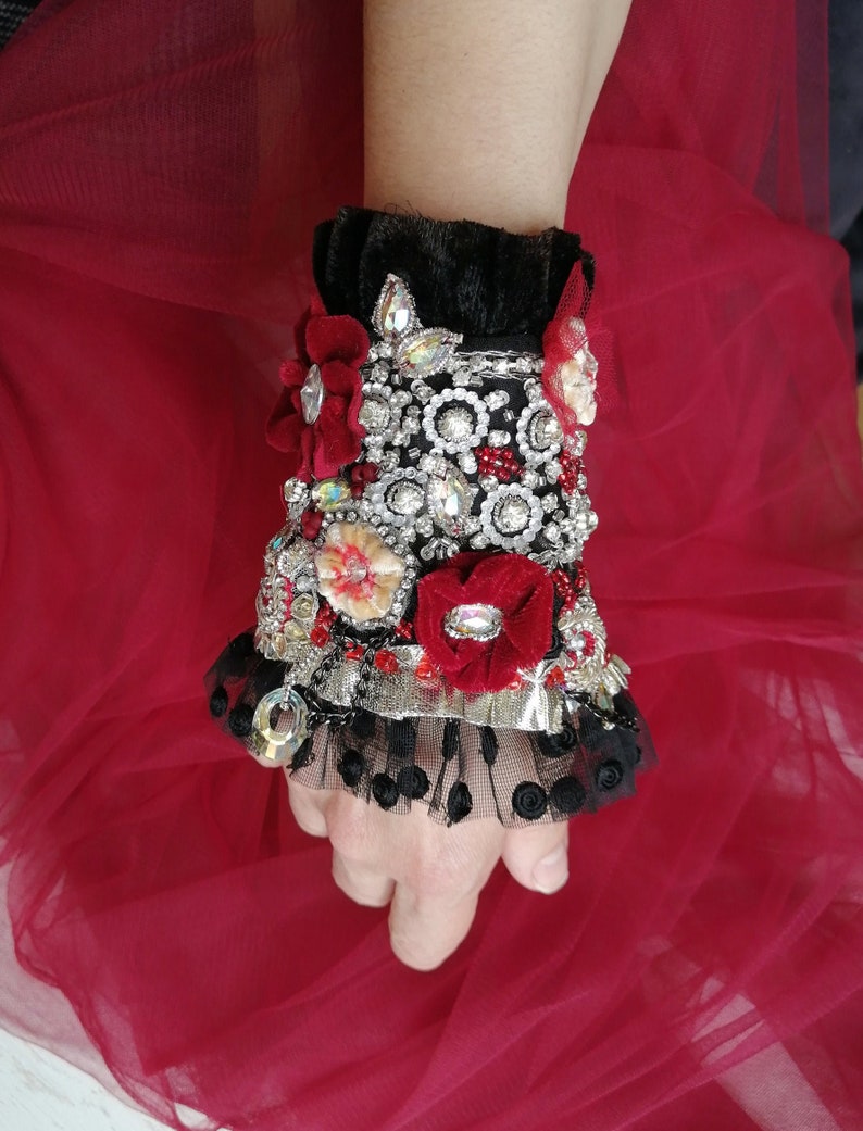 Boho chic wrist cuff embroidered wrist wrap  with velvet image 1