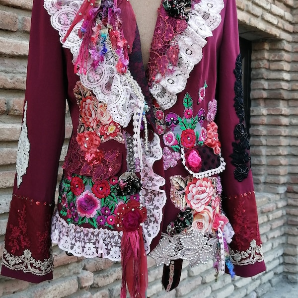 Artsy boho chic dark red jacket, vintage reworked jacket, bohemian romantic, gypsy embroidered jacket, wearable art, altered couture