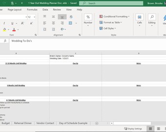 May include: A spreadsheet with the title "1 Year Out Wedding Planner Doc.xlsx" and the heading "Wedding To-Do's". The spreadsheet is divided into columns for "Done?", "Event", "12-18 Months Until Wedding", "Due By", and "Notes".