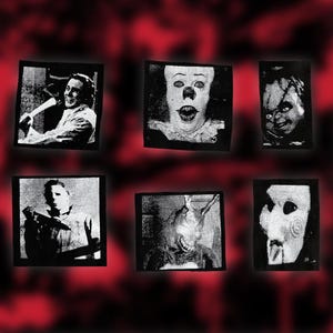 Op de afbeelding: Zes vierkante zwarte en witte patches met iconische horrorfilmfiguren. De patches tonen Freddy Krueger, Jason Voorhees, Pennywise de dansende clown, Chucky, Michael Myers en Jigsaw.