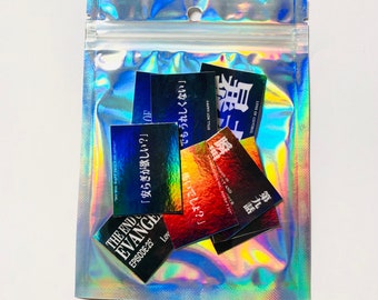 Conjunto de adesivos holográficos pequenos com texto de anime