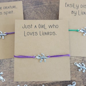 Lizard String bracelet and gift card - adjustable bracelet or anklet, gift for lizard owner, reptile jewelry, lizard friendship bracelet