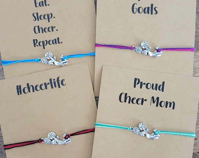 Cheer String bracelet and gift card - adjustable bracelet or anklet, birthday gift for her, bracelet for cheerleader, cheer squad gift