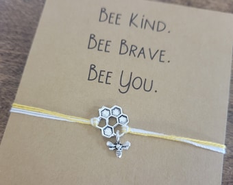 Bee charm bracelet, bee and honeycomb charm, adjustable string bracelet or anklet, bee kind bee brave, gift for daughter, mothers day gift