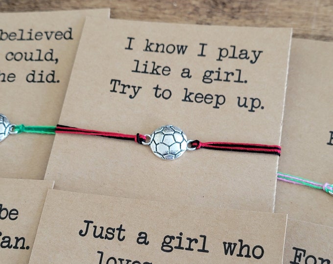 Soccer String bracelet and gift card - adjustable charm bracelet or anklet, futsal team gift, gift for football fan, gift for soccer coach