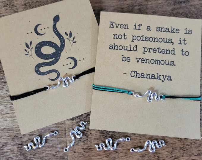 Snake charm bracelet and gift card - adjustable bracelet or anklet, gift for snake lovers, whimsigoth jewelry, snake party favor, girl power