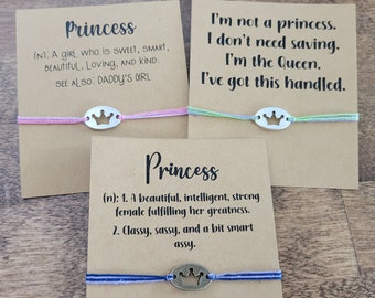 Princess String bracelet and gift card - adjustable bracelet or anklet, crown charm bracelet, birthday gift for her, gift for princess
