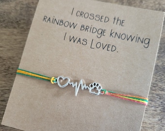 Rainbow Bridge charm bracelet, string bracelet with paw heartbeat charm, pet bereavement gift,  cat or dog rememberance gift, loss of pet