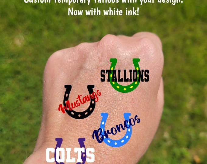 Custom Temporary Tattoos with horseshoe and mascot - cheerleader tattoos with horseshoe, Team Spirit, School colors, High school mascot