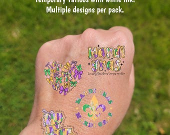 Temporary Tattoos for Mardi Gras - Mardi Gras parade tattoos, New Orleans bachelorette party tattoos, Mardi Gras girls trip, bows and beads