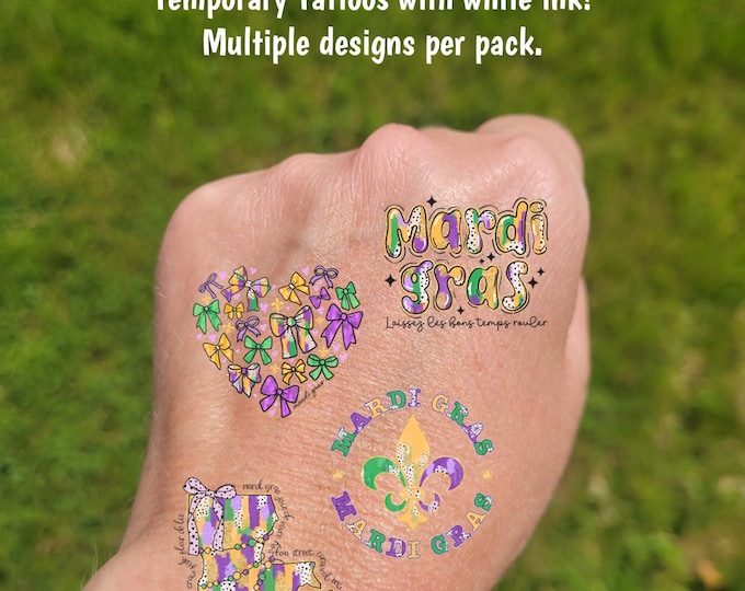 Temporary Tattoos for Mardi Gras - Mardi Gras parade tattoos, New Orleans bachelorette party tattoos, Mardi Gras girls trip, bows and beads