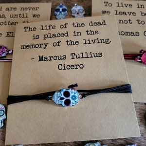 Sugar Skull bracelet and gift card - adjustable bracelet or anklet, memorial bracelet, Dia De Los Muertos jewelry,  Day of the Dead gift