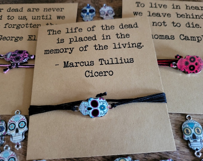 Sugar Skull bracelet and gift card - adjustable bracelet or anklet, memorial bracelet, Dia De Los Muertos jewelry,  Day of the Dead gift