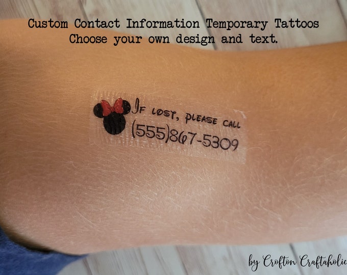 Custom Temporary Contact Info Tattoos for Travel - Name / Phone Number tattoos for kids, great for Disney trips, concerts, fairs, crowds