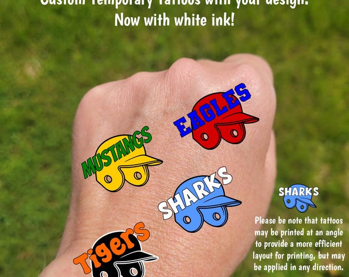 Custom Temporary Tattoos for baseball or softball - batting helmet and custom text, Team Spirit, School colors, baseball tournament swag bag